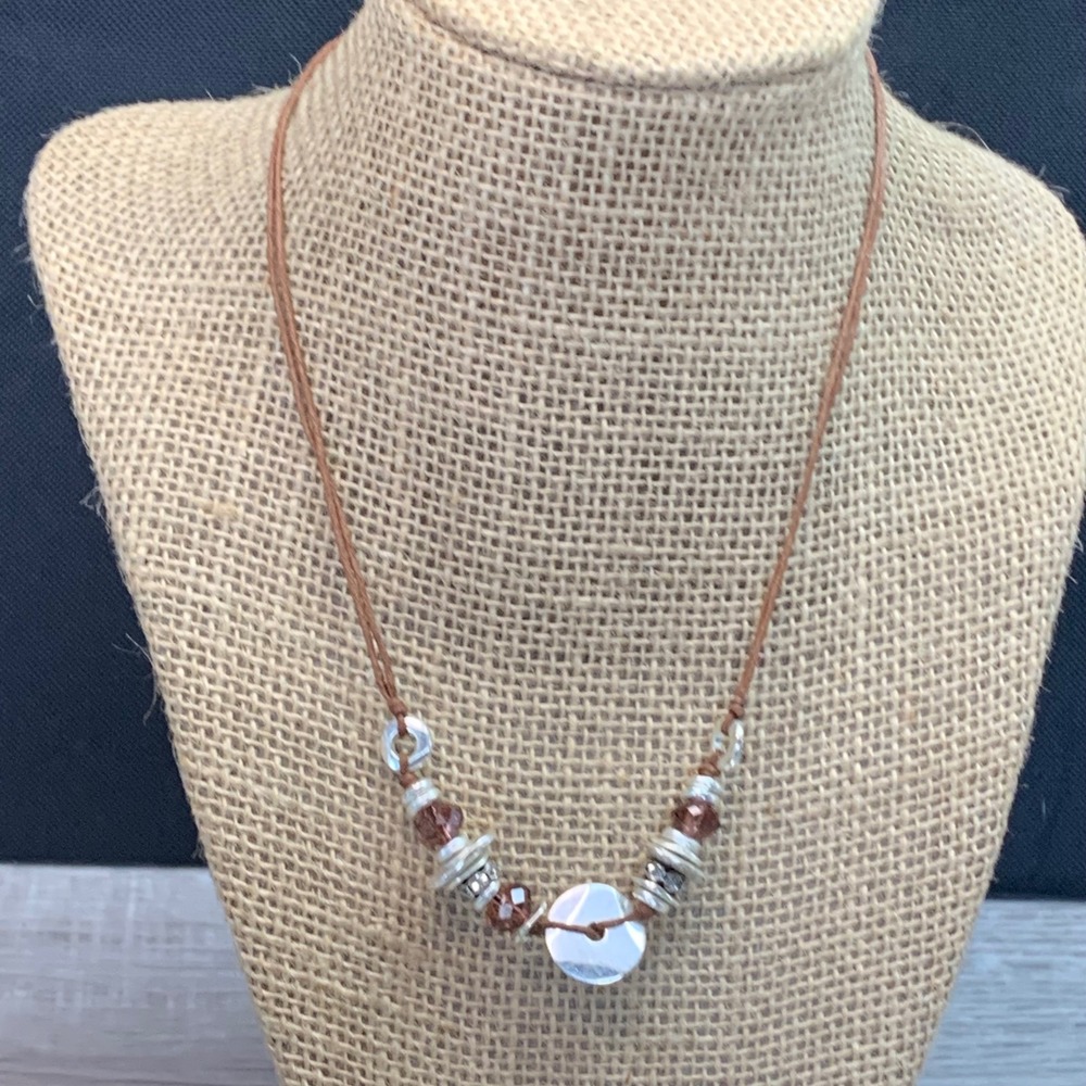 Boho Brown Cord Necklace Silver Tone Beads Purple Crystals Rhinestones 16 Inch
